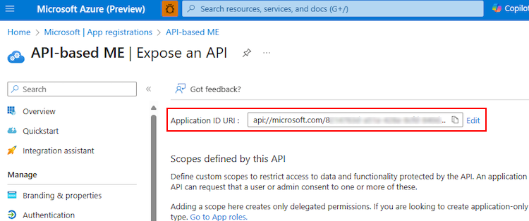 屏幕截图显示Microsoft Entra ID 中的应用 ID URI。