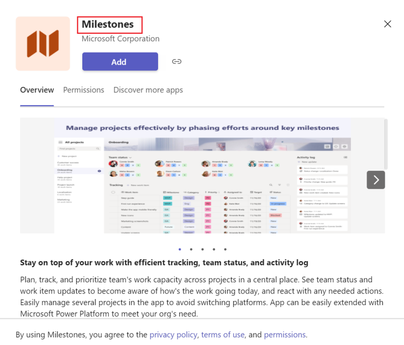 示例屏幕截图突出显示了应用的短名称在 Teams 应用商店一览中的显示位置。