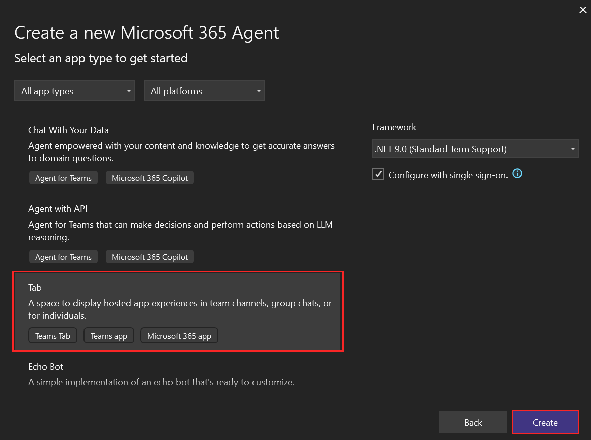 新建 Teams 应用程序的屏幕截图，其中突出显示了“选项卡”和“创建”选项。