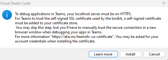显示提示安装 SSL 证书以允许 Teams 从 Mac 上的 localhost 加载应用程序的屏幕截图。