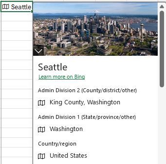工作表中“Seattle Geography”链接数据类型的实体值数据卡的屏幕截图。
