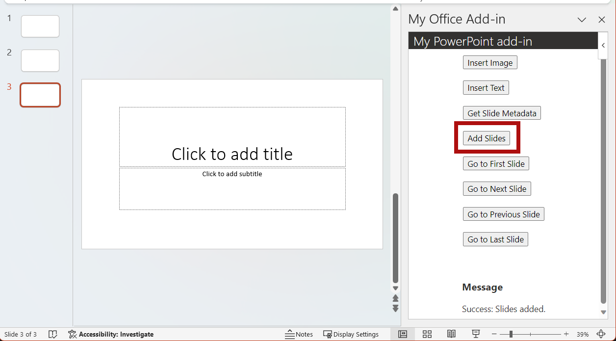 加载项中突出显示的“添加幻灯片”按钮。