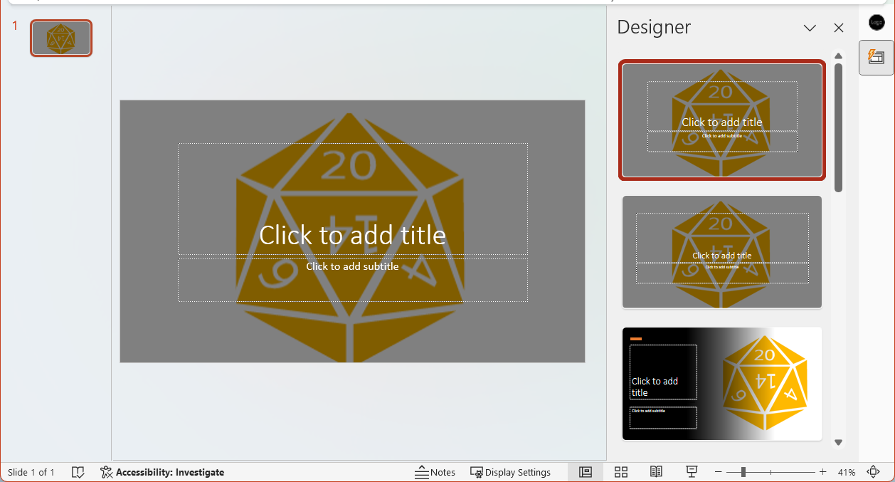 加载项中突出显示的所选 PowerPoint 标题幻灯片。