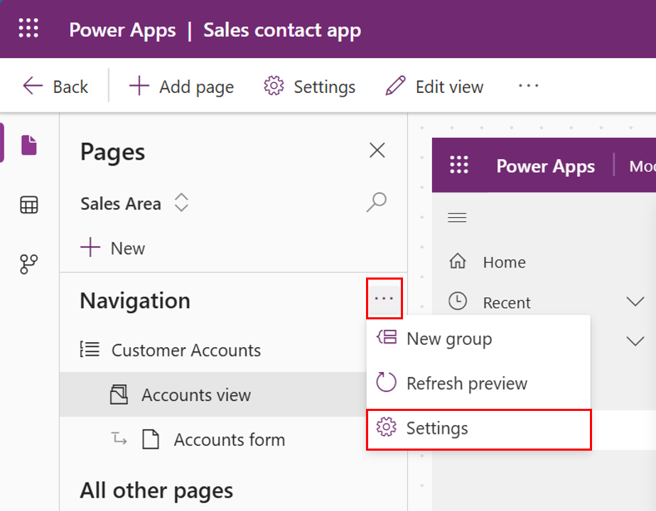 应用程序设计器中的页面导航选项。