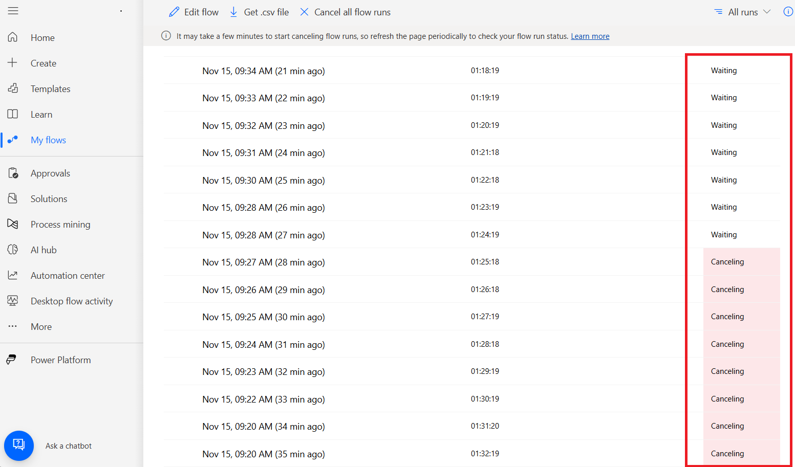 处于“等待中”和“取消中”状态的流运行屏幕截图。