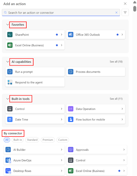 “添加操作”窗格截图。