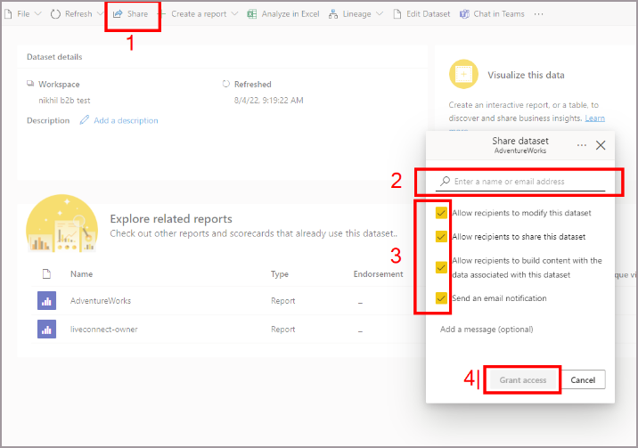 语义模型的屏幕截图，说明如何授予对语义模型的访问权限。