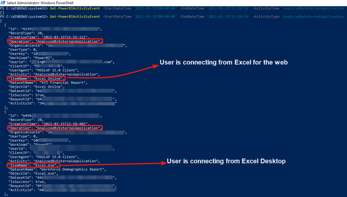显示 PowerShell Get-PowerBIActivityEvent cmdlet 的屏幕截图。