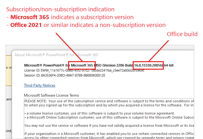 “关于 PowerPoint 信息”窗格的屏幕截图。