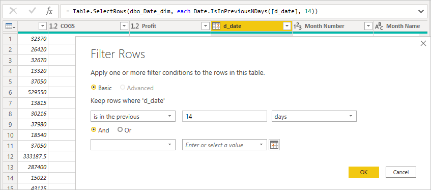 过去 14 天的 Power Query 步骤筛选的屏幕截图，其中显示了相对日期逻辑如何成为固定文本。