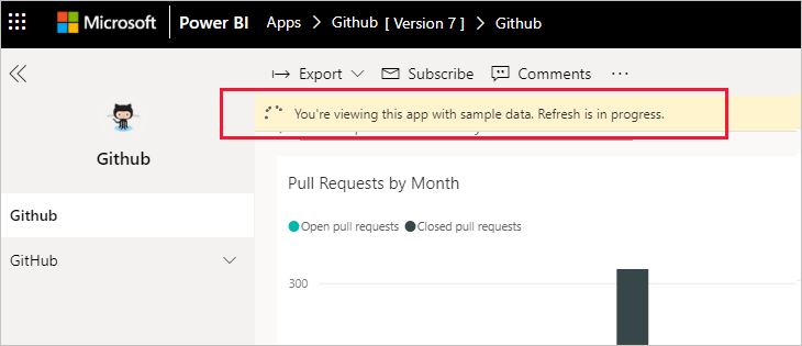 Power BI GitHub 应用正在刷新时的屏幕截图。