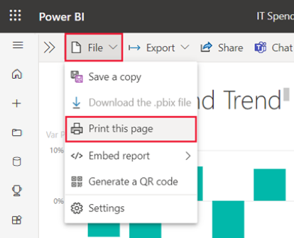 打开的“文件”菜单的屏幕截图,其中选择了“打印此页”。