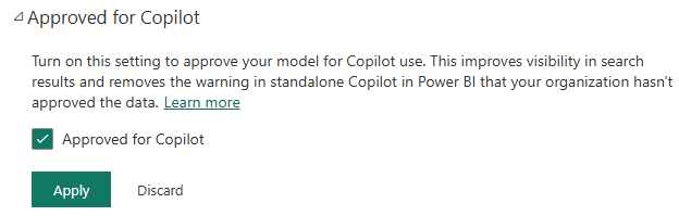 Power BI 服务中已 Copilot 批准的设置的屏幕截图，其中显示了用于标记适用于 AI 的模型的选项。