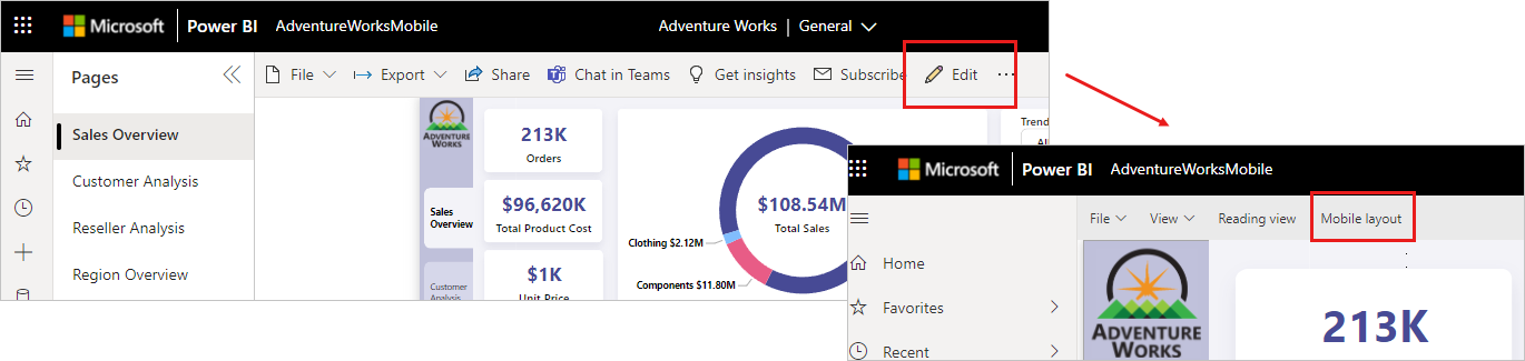 显示 Power BI 服务中的布局切换器屏幕截图