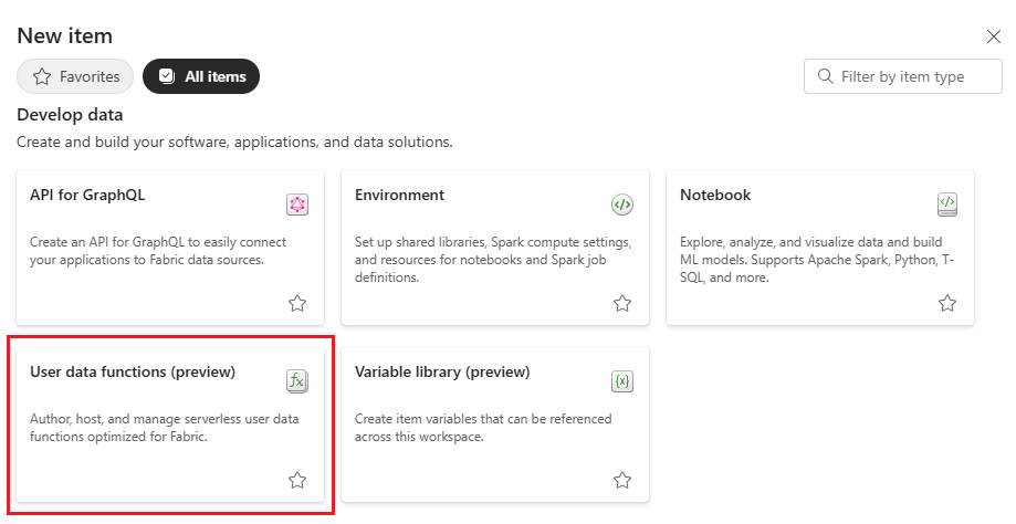 显示新项菜单中的用户数据函数图块的屏幕截图。