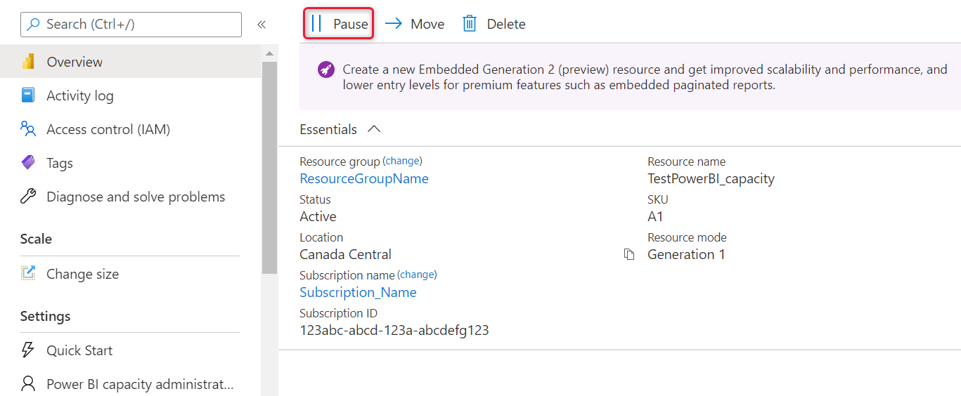 Azure 门户的屏幕截图，其中显示了突出显示的“暂停”按钮。
