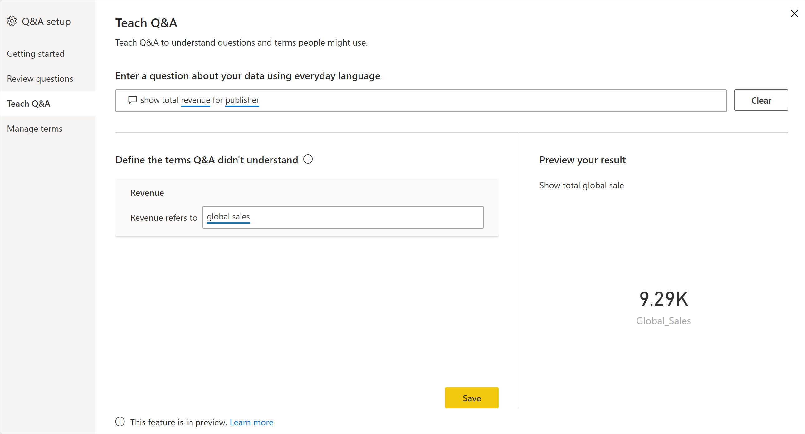 “教导问答”页的屏幕截图，其中选中并定义了一个术语。