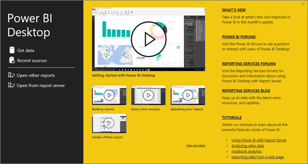 Power BI Desktop 开始屏幕的屏幕截图。