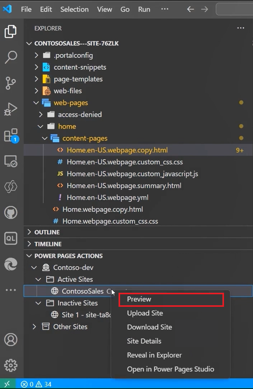 Power Pages 站点预览操作的屏幕截图。