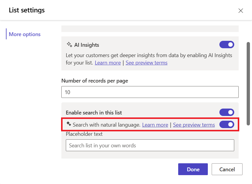 列表设置在**更多选项**选项卡中的截图。