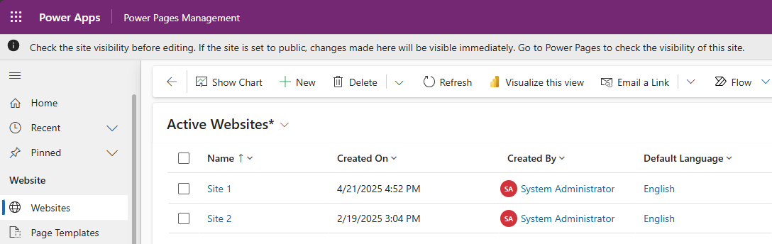 “门户管理”应用中的网站记录。