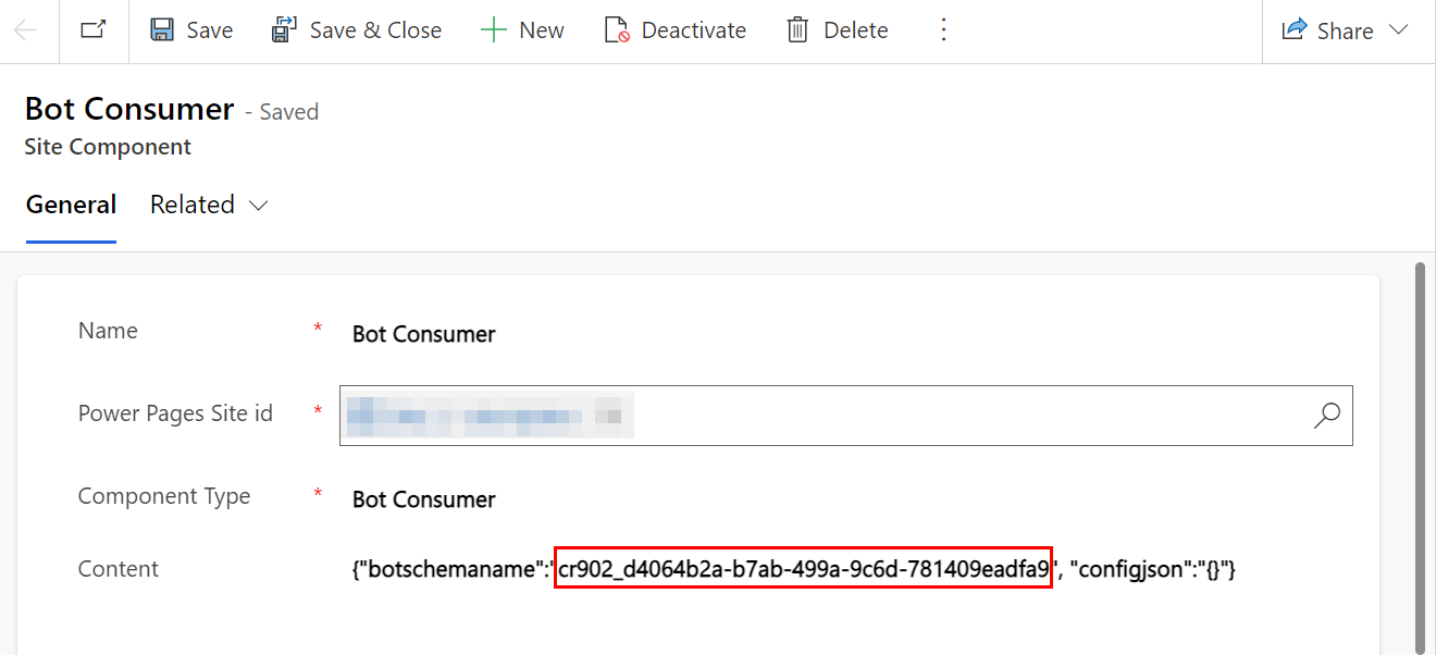 强调 **botschemaname** JSON 值的机器人使用者的一般选项的屏幕截图。