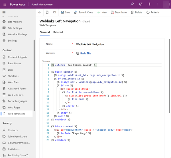 包含导航和内容的自定义 Web 模板的屏幕截图。