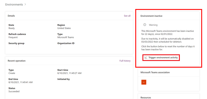 环境页面上停用环境警报的屏幕截图，突出显示触发环境活动复选框。
