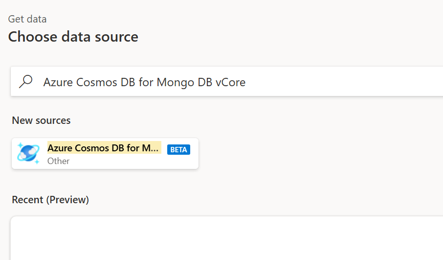 显示 Power Query Online 中的 Azure Cosmos DB for MongoDB vCore 图标的屏幕截图。