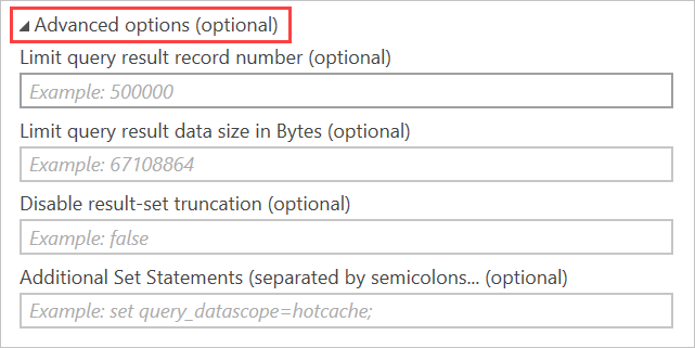 Azure 数据资源管理器（Kusto）连接窗口的屏幕截图，其中突出显示了可选高级选项。