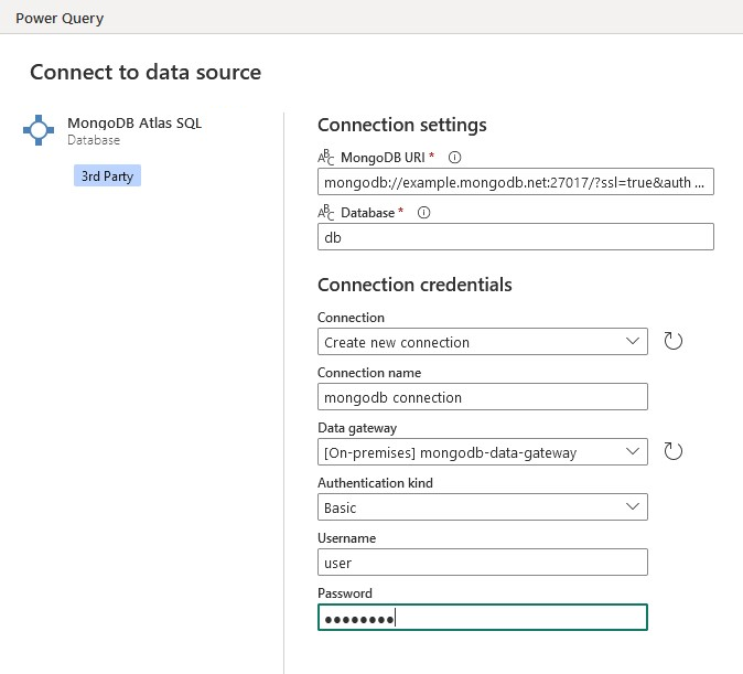“联机连接到数据源”对话框的屏幕截图，其中输入了连接设置。