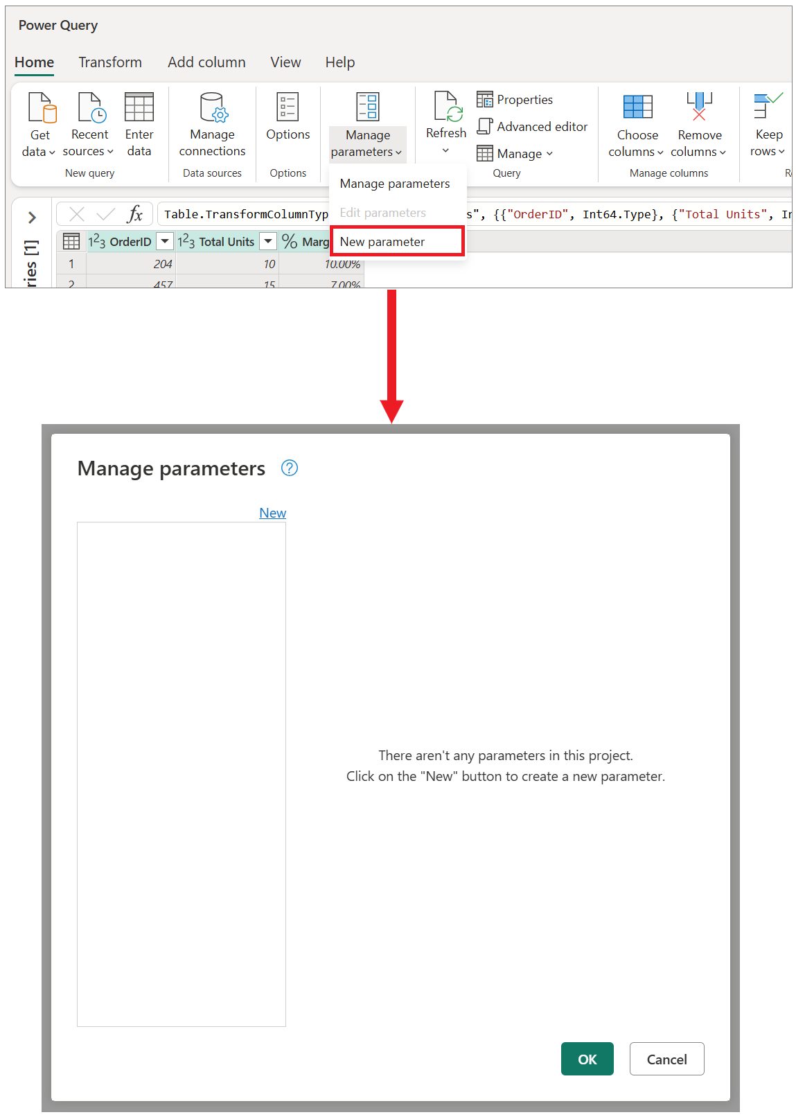 “管理参数”菜单和“管理参数”对话框的屏幕截图。
