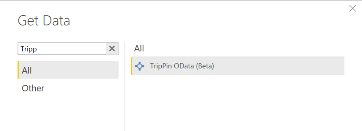 Power Query 获取数据对话框的屏幕截图，其中包含在搜索框中输入的 TripPin 连接器名称的一部分。