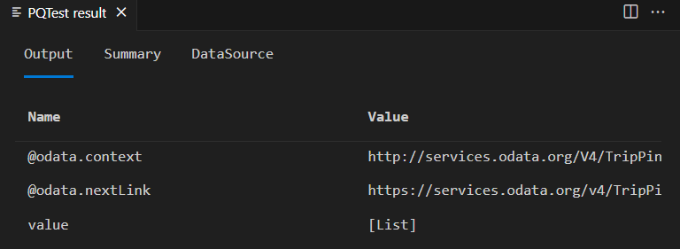 包含嵌入列表的值字段的 PQTest 结果的屏幕截图。