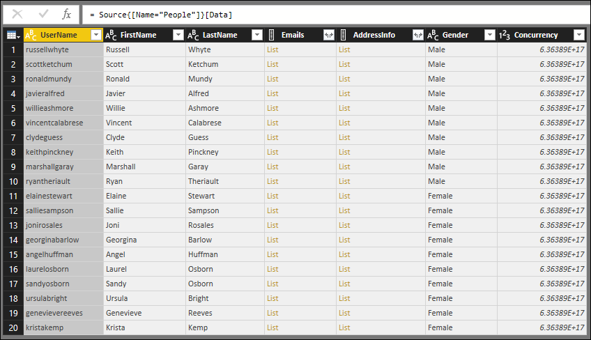 Power Query 中 People 表里的 TripPin 数据及其架构的截图。