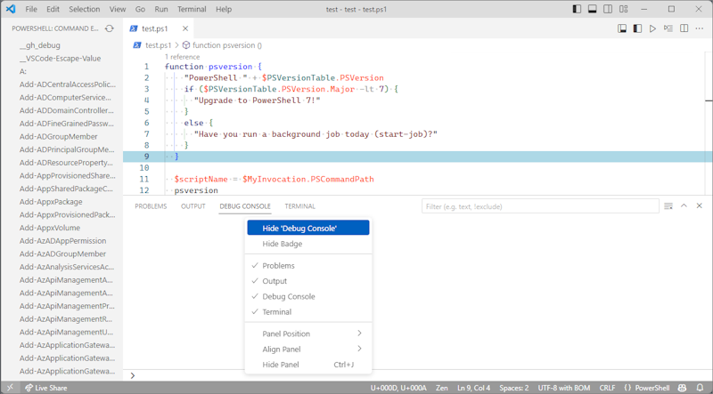 屏幕截图显示如何隐藏“调试控制台”面板。