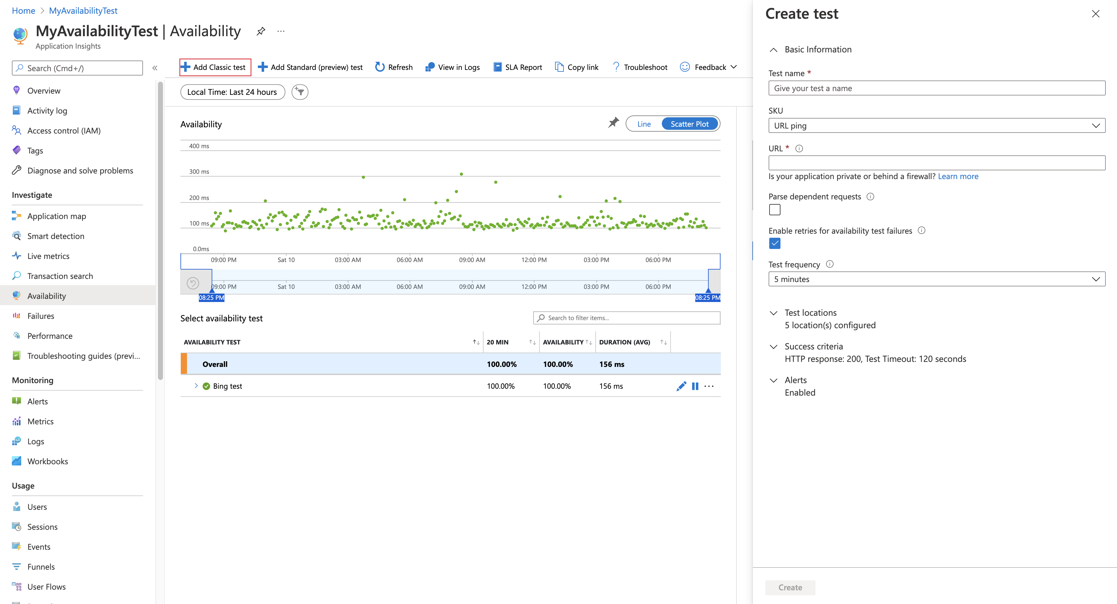 显示“可用性”窗格和经典测试添加按钮的屏幕截图。