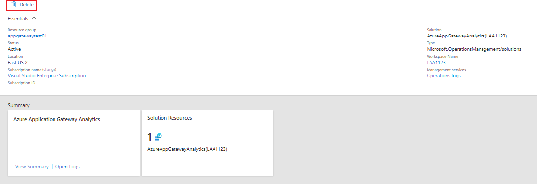 显示应用程序网关分析解决方案的删除选项的屏幕截图。