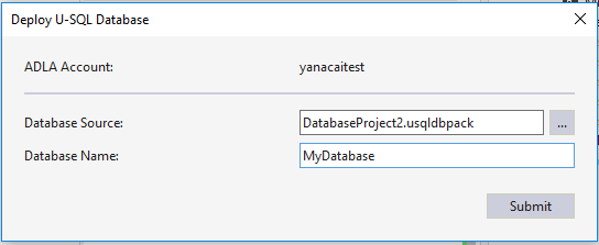 用于 Visual Studio 的 Data Lake 工具--部署 U-SQL 数据库包向导
