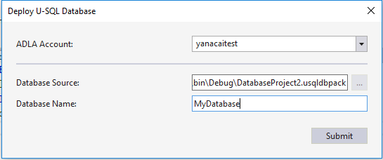 用于 Visual Studio 的 Data Lake 工具--部署 U-SQL 数据库项目向导