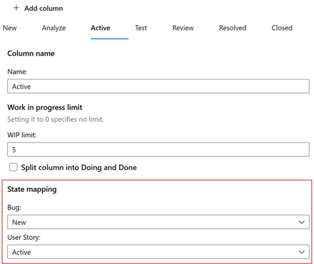 Screenshot shows State mapping section of Column Edit page.