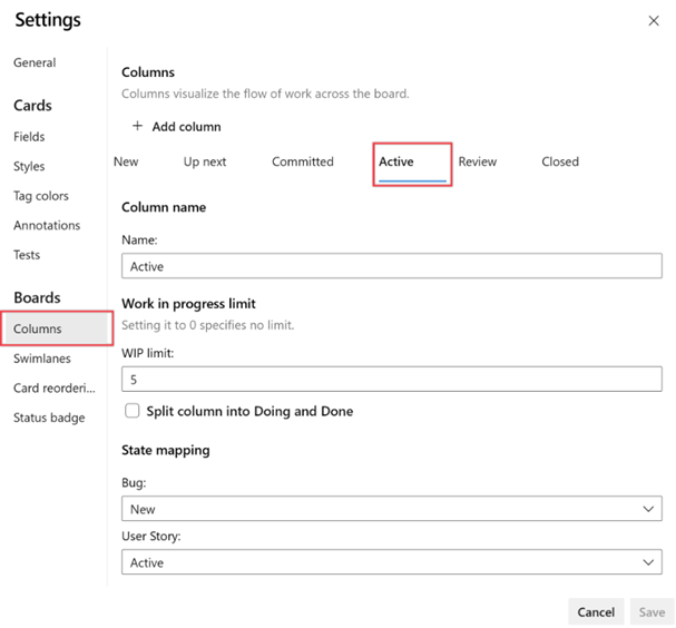 Screenshot that shows the Settings dialog and selection of an Active column.