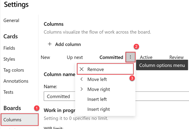 Screenshot that shows the selections for deleting a column in the Settings dialog.