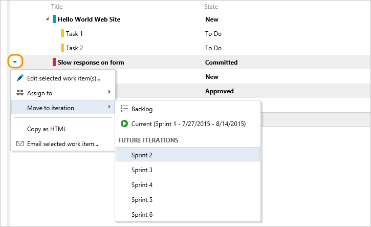 Screenshot that shows multi-select items from the sprint backlog.