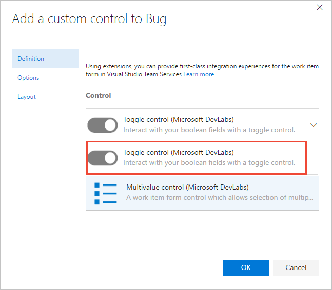 Add a custom control dialog, Definition tab