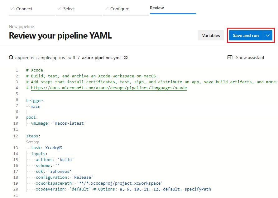 Screenshot showing the Save and run button in a new YAML pipeline.