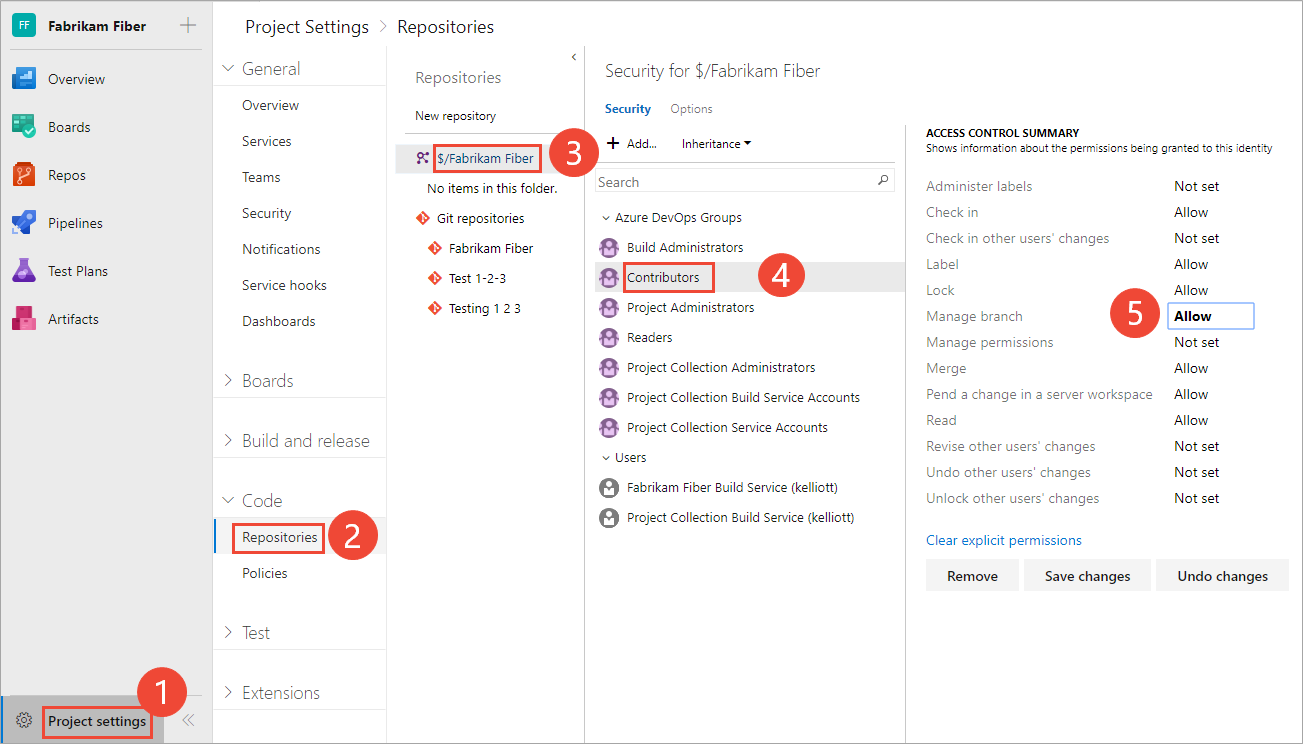 Screenshot that shows Project security settings for a TFVC repository.