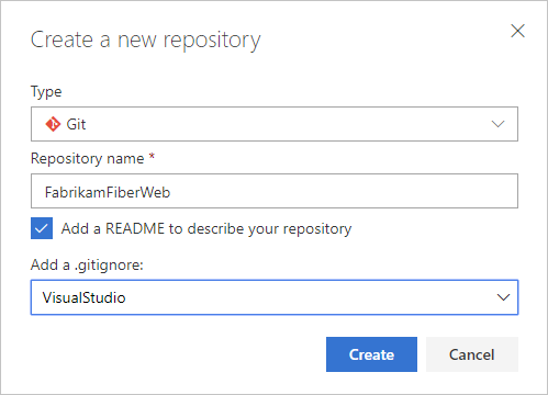 Screenshot of Create a new repoistory dialog, TFS 2018 version.