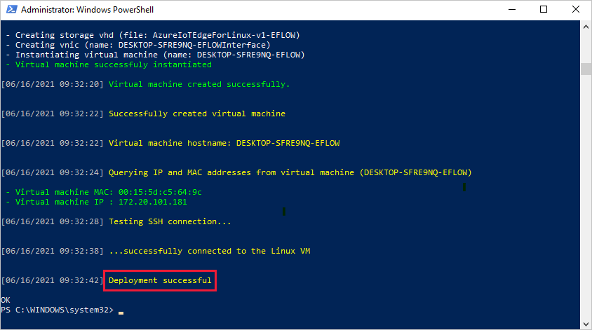 成功的部署会在消息末尾显示“部署成功”
