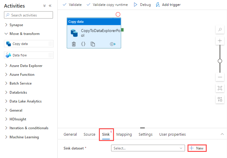 管道复制活动的屏幕截图，其中显示了用于创建新接收器的选项。